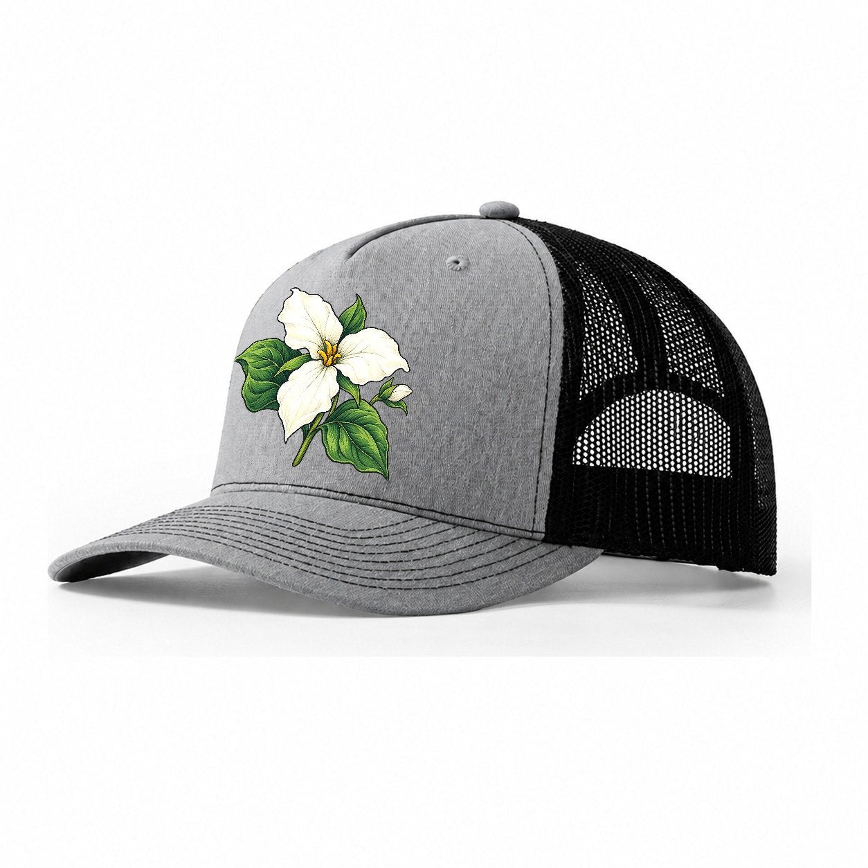 Ontario White Trillium Bloom Canada Cultural Icons Trucker Hat – Sport Grey Black