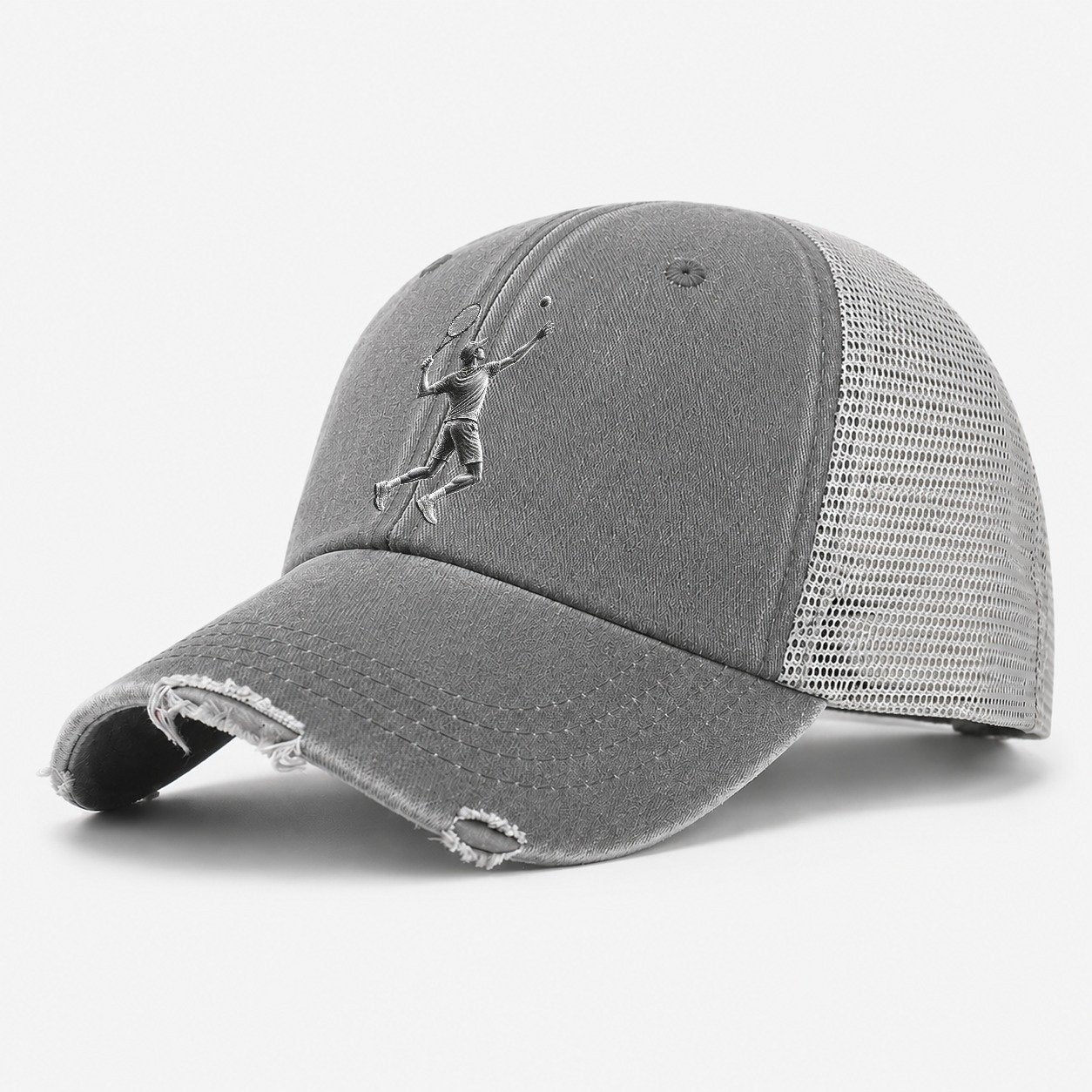 Tennis Player Serving Powerful Shot Washed Trucker Hat – Grey