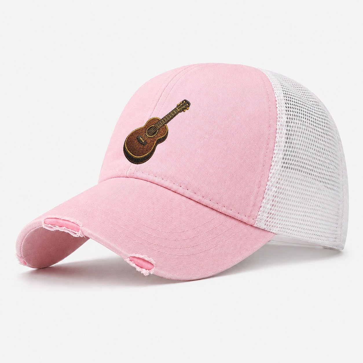 Vintage Guitar Classic Acoustic Guitar With Bronze Strings A Washed Trucker Hat – Light Pink