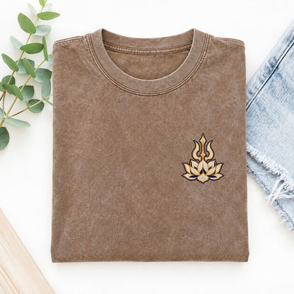 Trishula Lotus Symbol Emblems Left Chest Vintage T-shirt – Brown