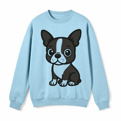 Boston Terrier Black And White Sitting Pose With Tuxedo Mark Fleece Sweatshirt – Light Blue