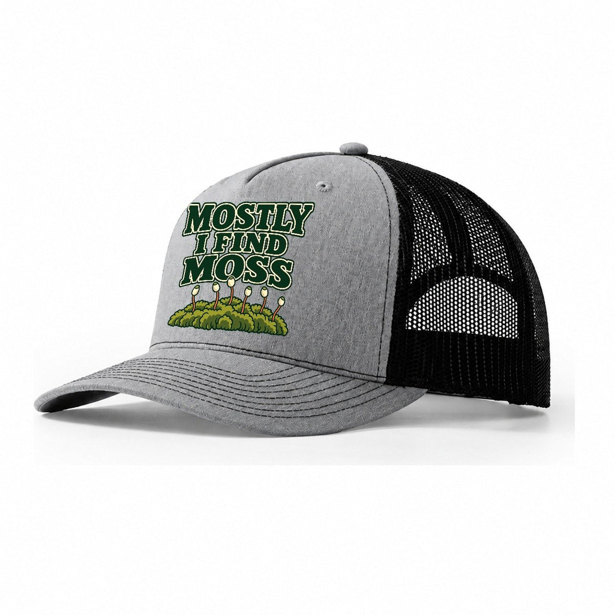 Mostly I Find Moss Foraging And Mycology Trucker Hat – Sport Grey Black