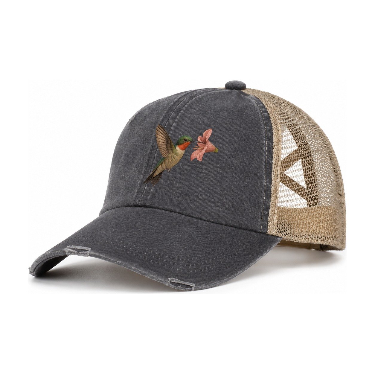 Hummingbird Haven Women's Ponytail Trucker Hat – Charcoal Khaki