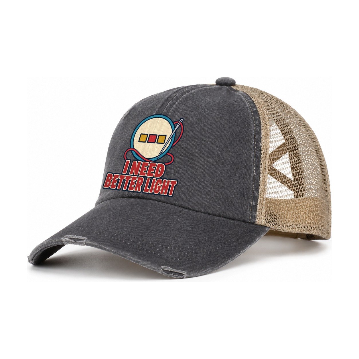 I Need Better Light And Needlework Women's Ponytail Trucker Hat – Charcoal Khaki