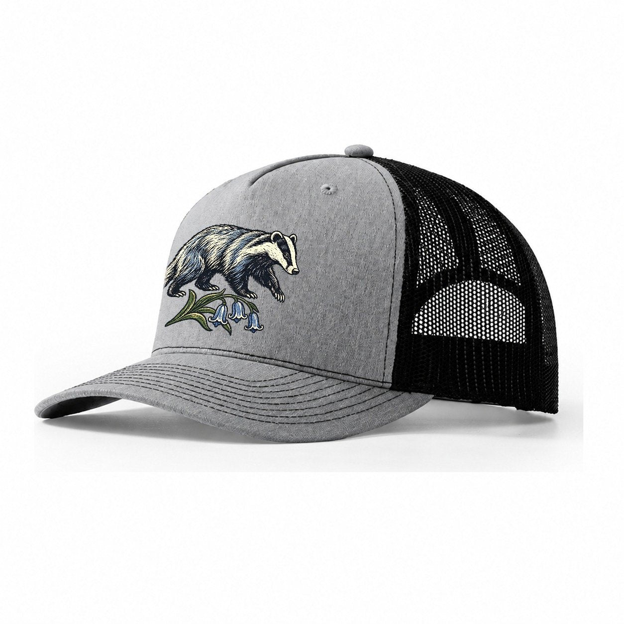 British Badger With Bluebell Sprig Uk Culture Heritage Trucker Hat – Sport Grey Black