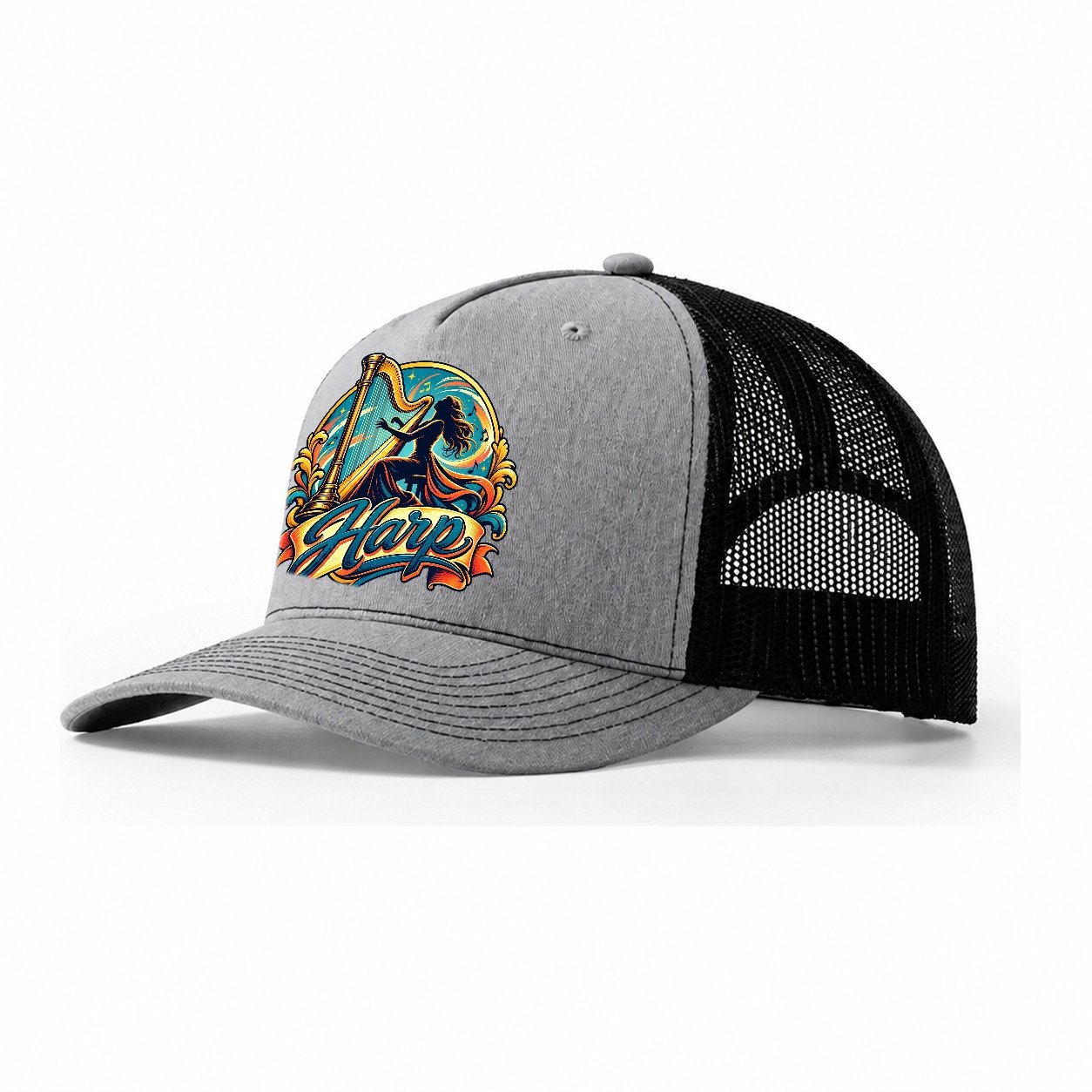 Harp Crest Music Instruments Trucker Hat – Sport Grey Black