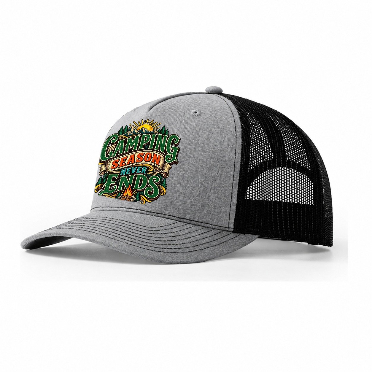 Camping Season Never Ends Retired Living Trucker Hat – Sport Grey Black