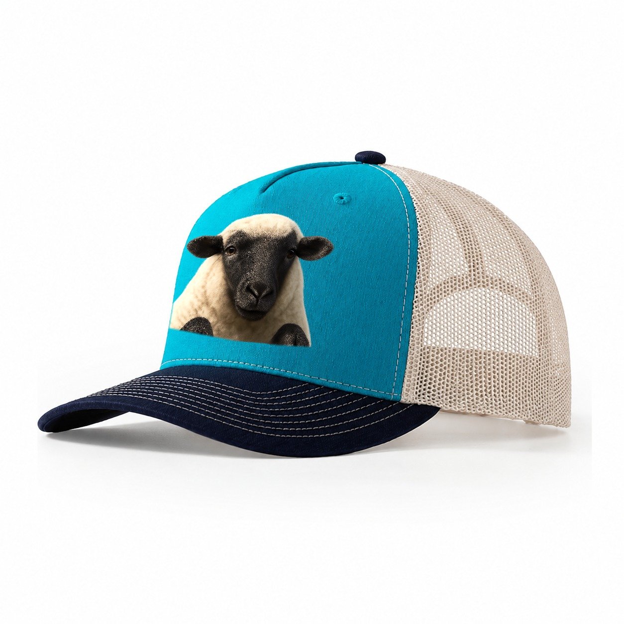Sheep Fluffy White Wool Black Face Gentle Eyes Small Ears Pe Trucker Hat – Teal-Navy