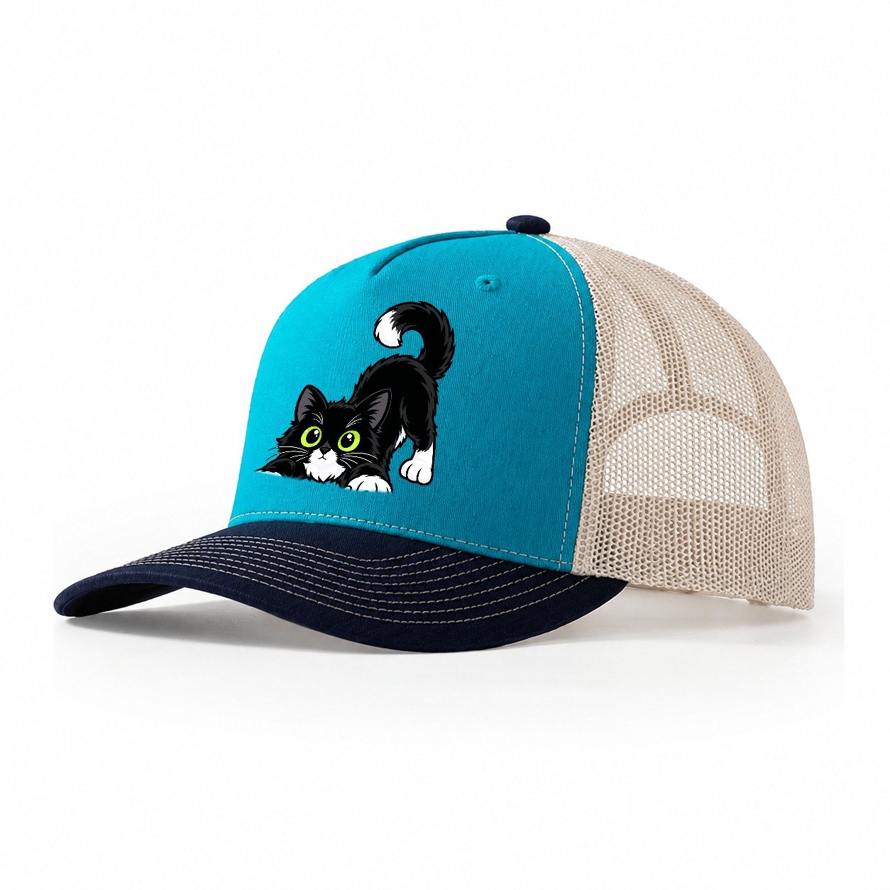 Tuxedo Cat Stretching Peeking Cats Trucker Hat – Teal Navy