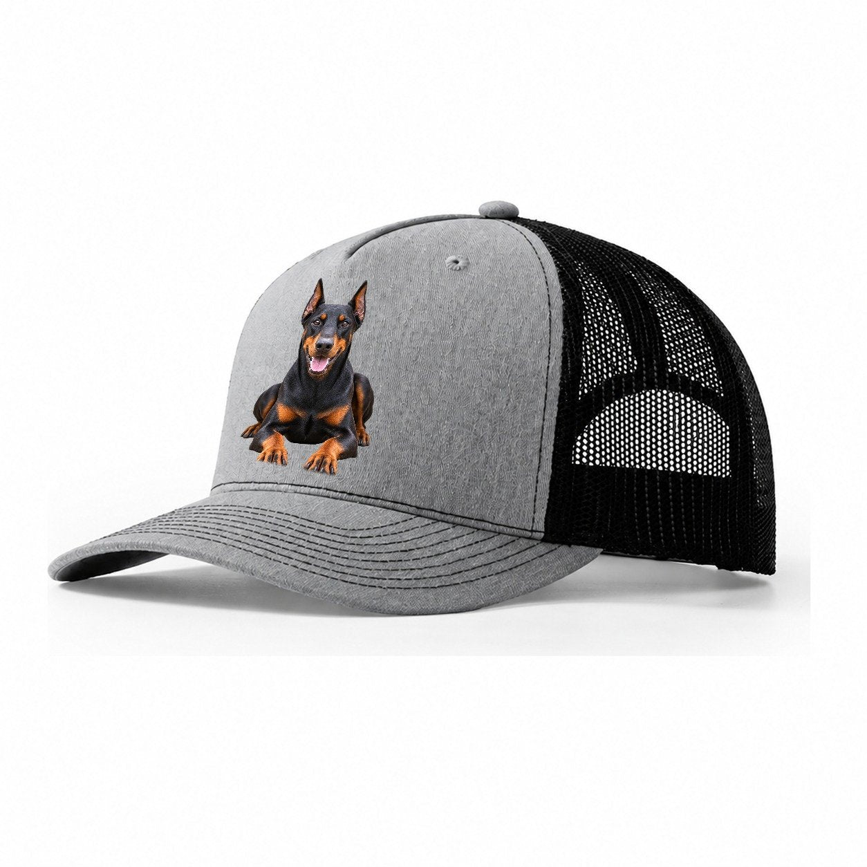 Doberman Pinscher Sitting Top Breeds Trucker Hat – Sport Grey Black