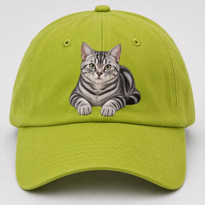 American Shorthair Reclining Paws Forward Realistic Cat Portrait Baseball Cap – Fluorescent Green