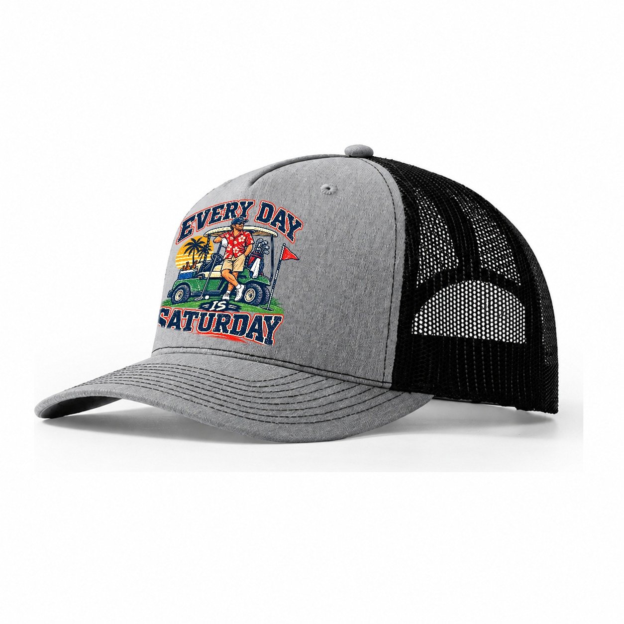 Every Day Is Saturday Golf Life Trucker Hat – Sport Grey Black