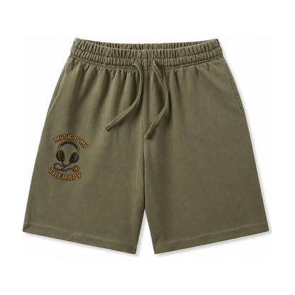 Music Is My Therapy Washed Shorts – Army Green