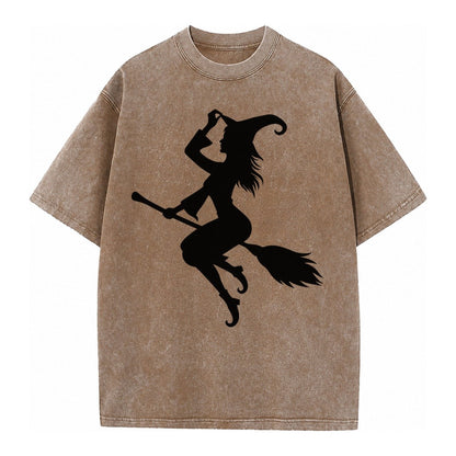 202308151409 Witch On Broom 4 Vintage T-shirt – Brown