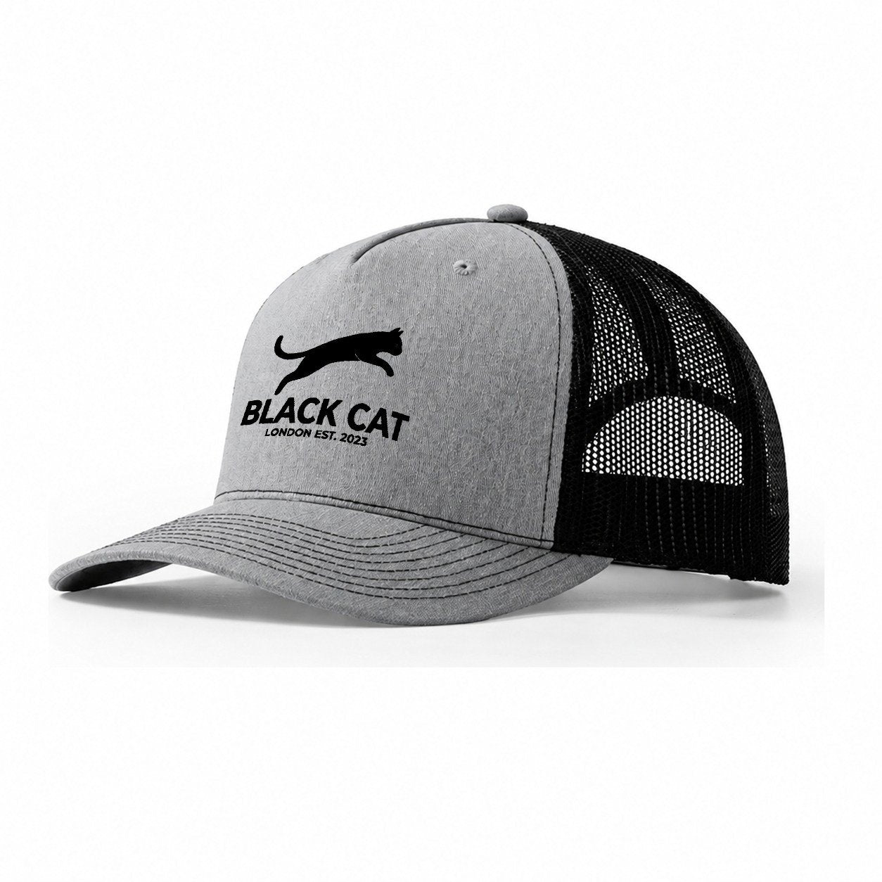 Black Cat London Est. 2023 Design Trucker Hat – Sport Grey Black