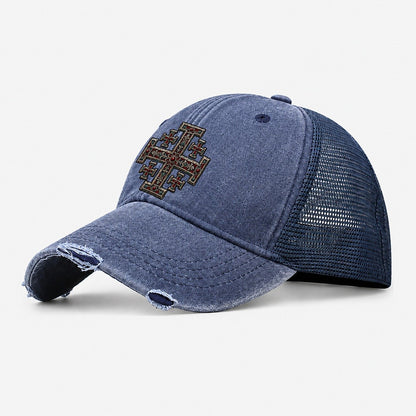 Engraved Silver Reliquary Panel Jerusalem Cross Washed Trucker Hat – Navy