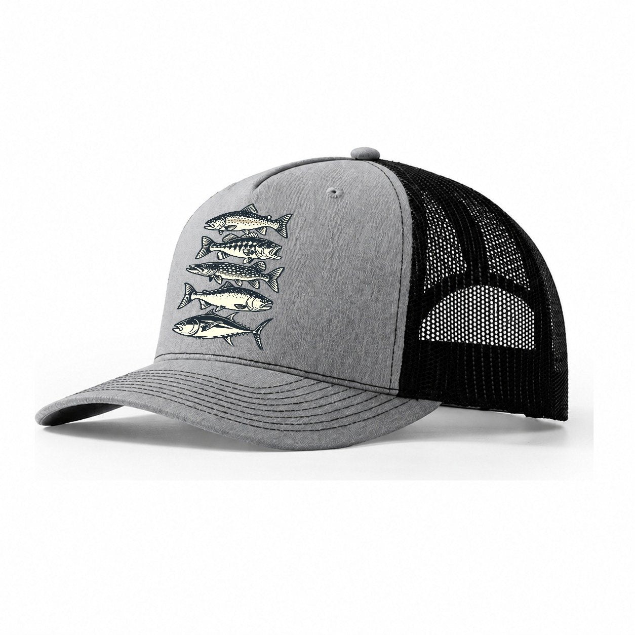 Fish School Stack Fishing Elegant Trucker Hat – Sport Grey Black