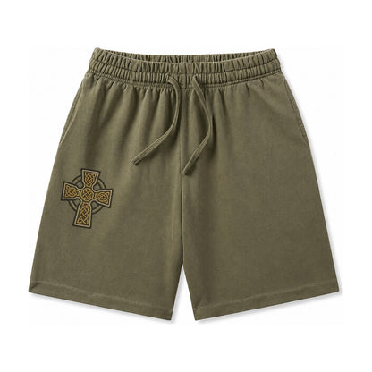 Celtic Cross Washed Shorts – Army Green