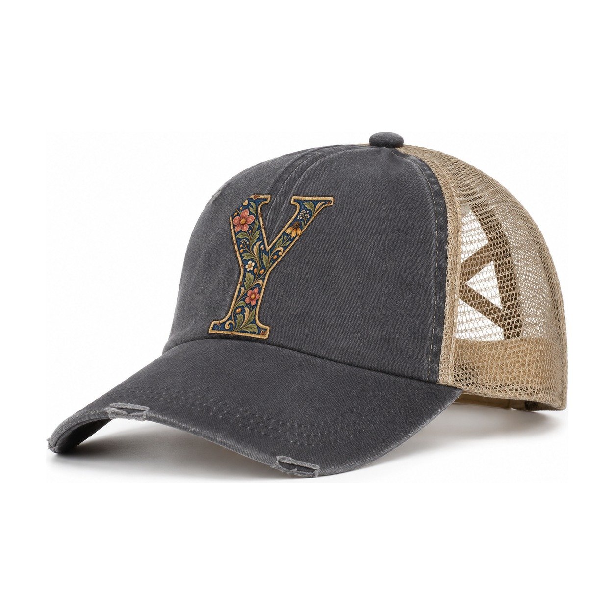 Wildflower Y Monogram Women's Ponytail Trucker Hat – Charcoal Khaki