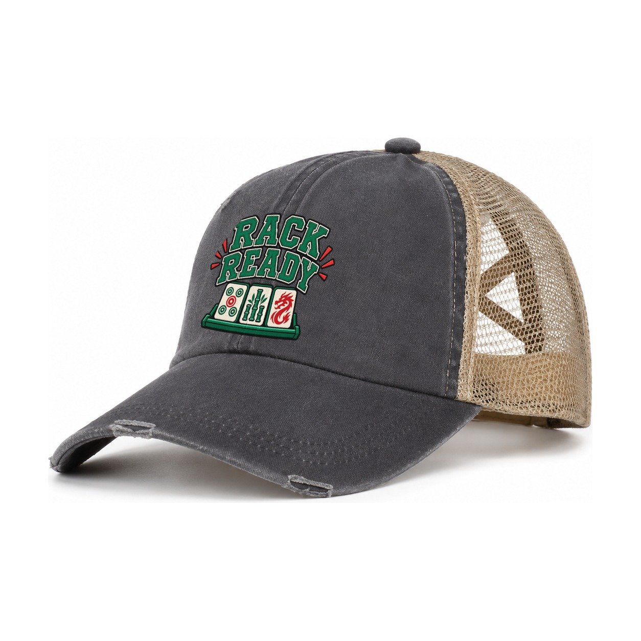 Rack Ready Mahjong Game Night Women's Ponytail Trucker Hat – Charcoal Khaki