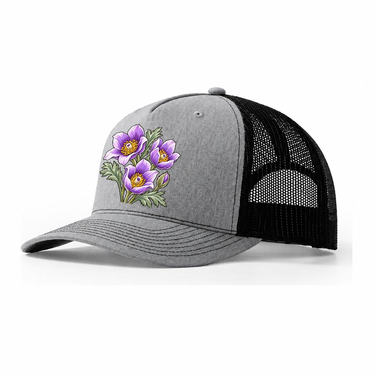 Manitoba Prairie Crocus Cluster Canada Cultural Icons Trucker Hat – Sport Grey Black