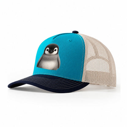 Baby Adelie Penguin Black And White Round Body Curious Eyes Trucker Hat – Teal-Navy