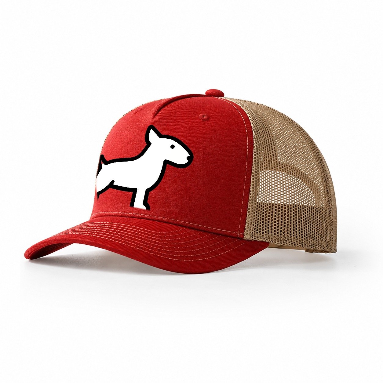 Bull Terrier White Egg Shaped Head Flat Side Profile Trucker Hat – Red-Khaki