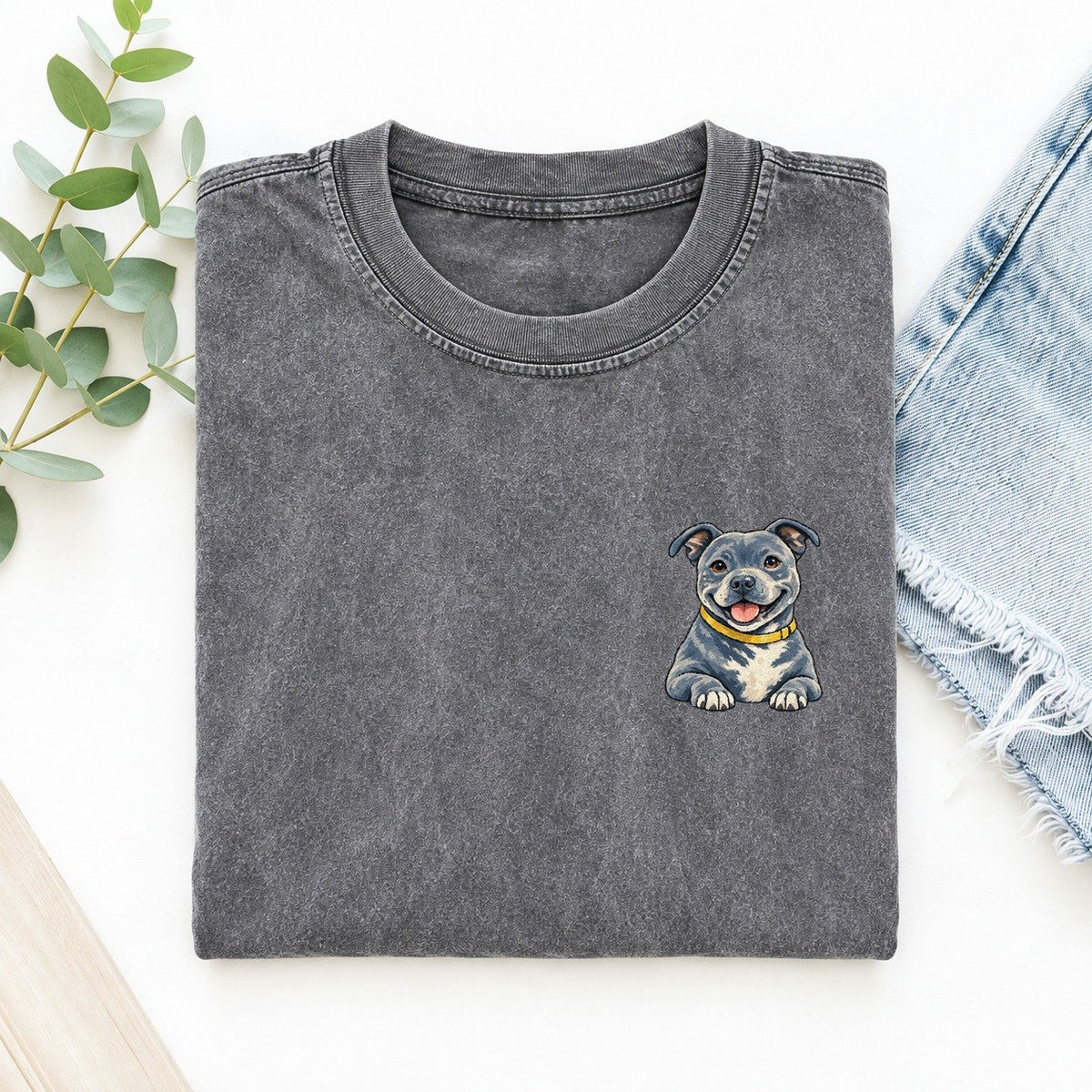 Staffordshire Bull Terrier Left Chest Vintage T-shirt – Grey