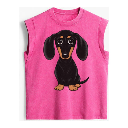 Vintage Style Dachshund Print Vintage Washed Tank – Pink