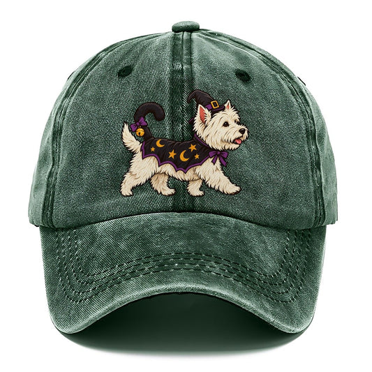 One West Highland Terrier In Halloween Costume Little Witch S Cat Familiar Costume With A Tiny Hat Halloween Dog Parade Classic Cap – Forest Mist