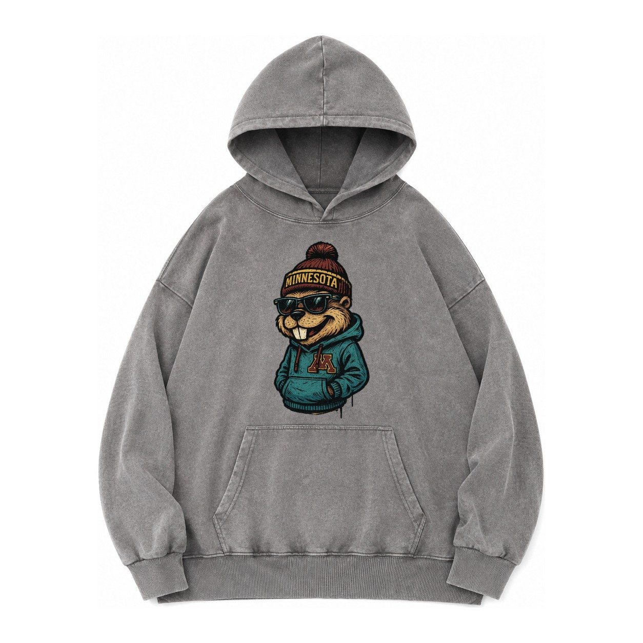 Minneapolis Gopher Wearing Minnesota Beanie With M Patch Vintage Washed Hoodie – Grey
