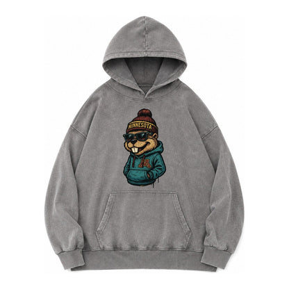 Minneapolis Gopher Wearing Minnesota Beanie With M Patch Vintage Washed Hoodie – Grey