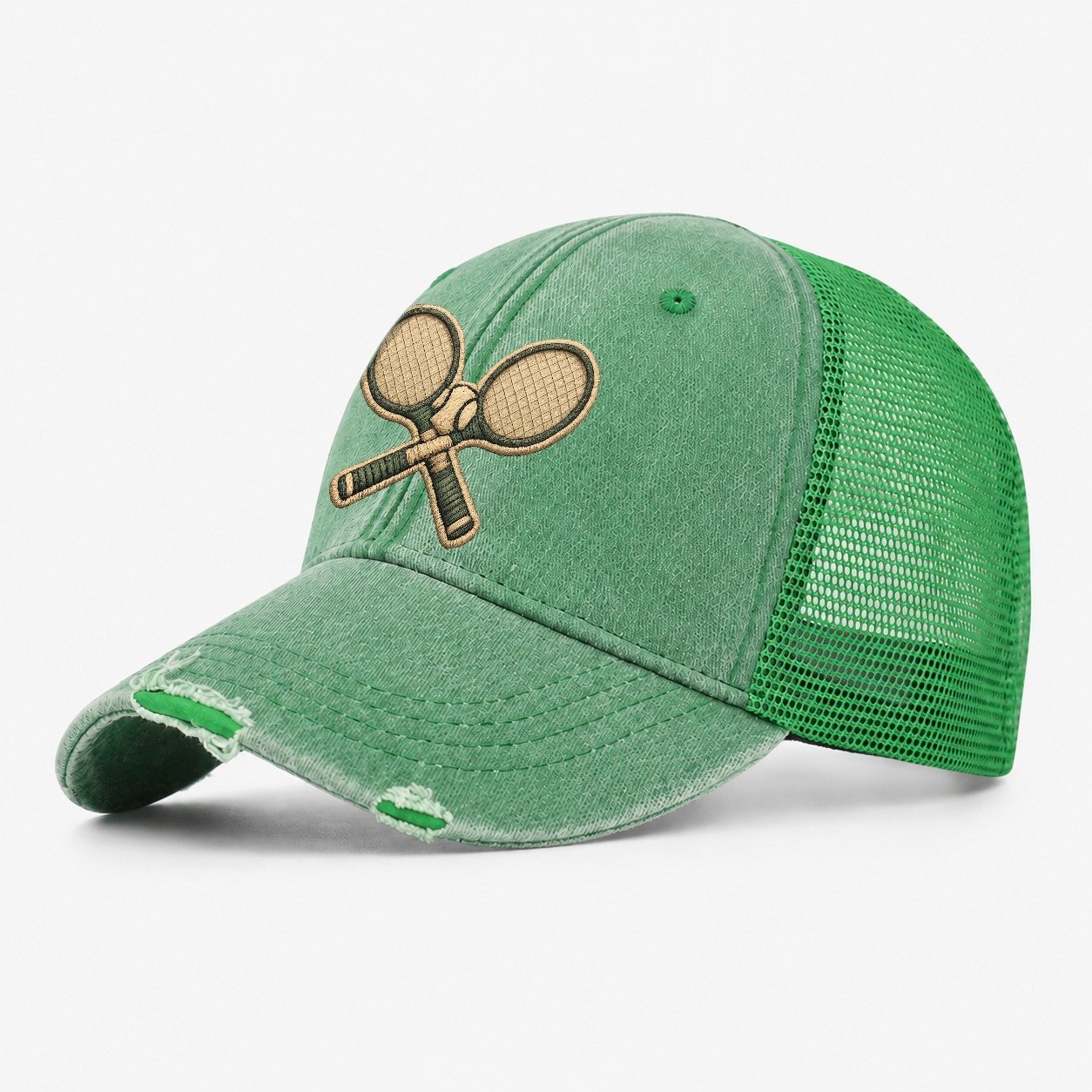 Embroidered Patch Design Tennis Racket Crossed Tennis Racket Washed Trucker Hat – Ink Green