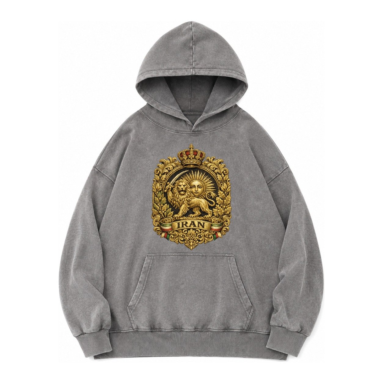Iran Lion Sun Badge Vintage Washed Hoodie – Grey