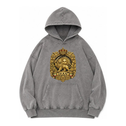 Iran Lion Sun Badge Vintage Washed Hoodie – Grey