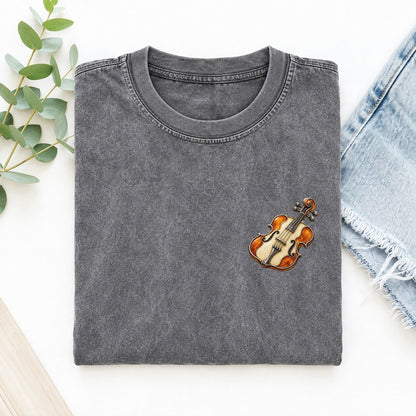 Violin Scroll Curl Keepsake Emblem Left Chest Vintage T-shirt – Grey