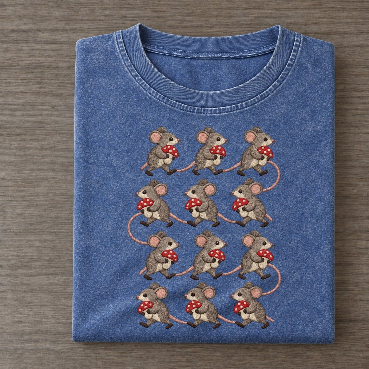 Mice With Mushrooms Single File Vintage T-shirt – Washed Blue