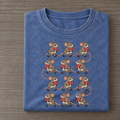 Mice With Mushrooms Single File Vintage T-shirt – Washed Blue