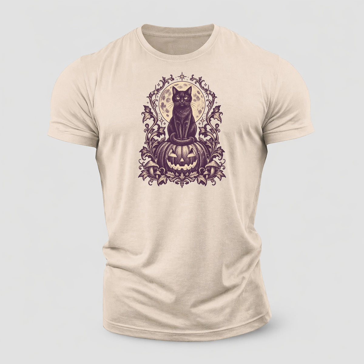 A Black Cat Sitting Upright On Top Of A Large Carved Jack O Lantern Tail Curled Around Its Paws A Full Moon Glowing Behind It Wordless Single Hue Gothic Engraving Portrait Midnight Haunt Cotton T-Shirt – Sand