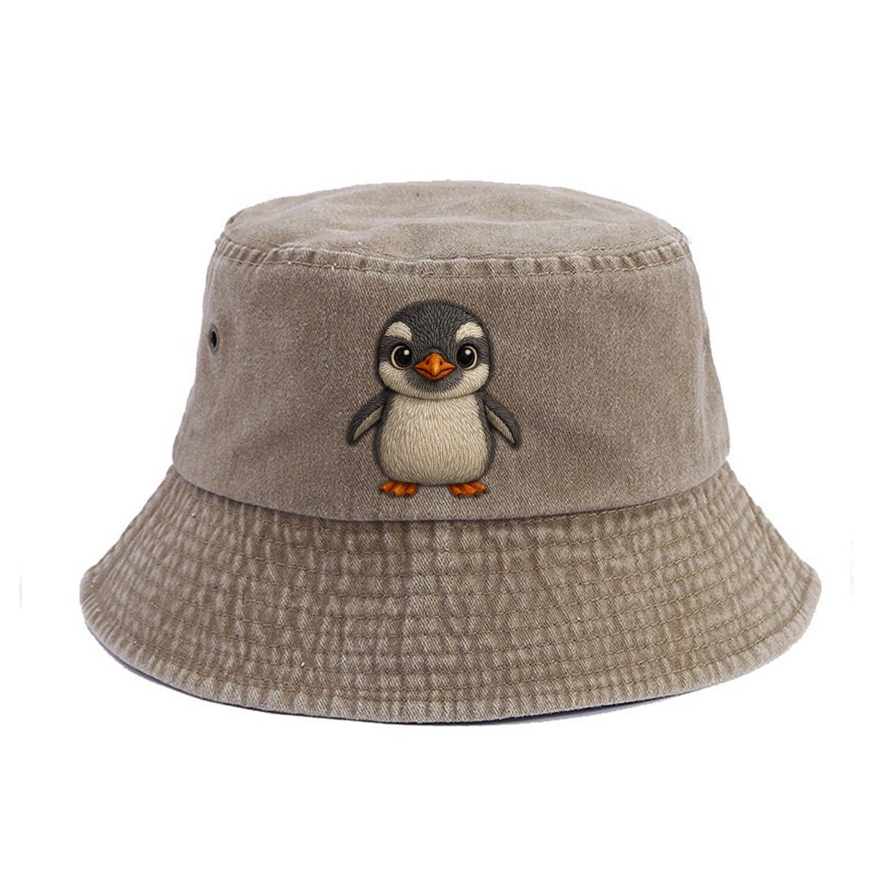 Baby Gentoo Penguin Orange Beak White Cap Bright Eyes Front Facing Energetic Vintage Bucket Hat – Warm Sand