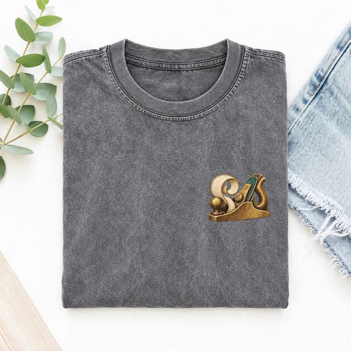 Wood Plane Shaving Keepsake Emblem Left Chest Vintage T-shirt – Grey