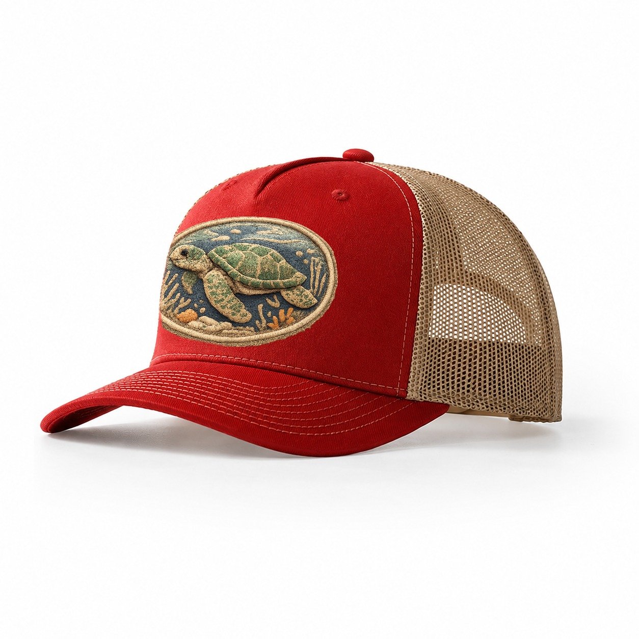 Embroidered Patch Design Sea Turtle Swimming Turtle In Green Trucker Hat – Red-Khaki