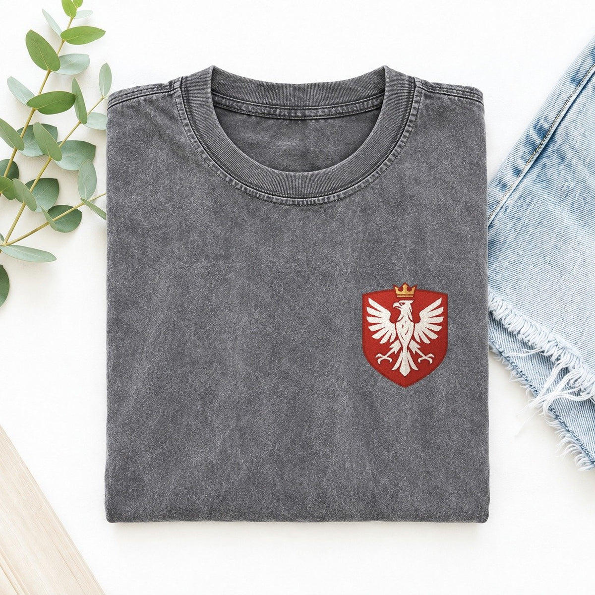 Poland White Eagle Left Chest Vintage T-shirt – Grey