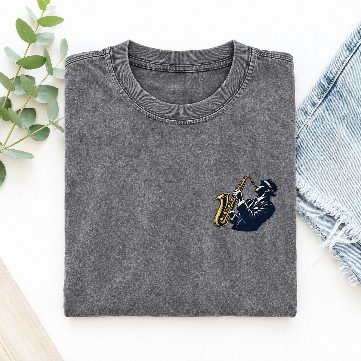 Jazz Saxophonist Left Chest Vintage T-shirt – Grey