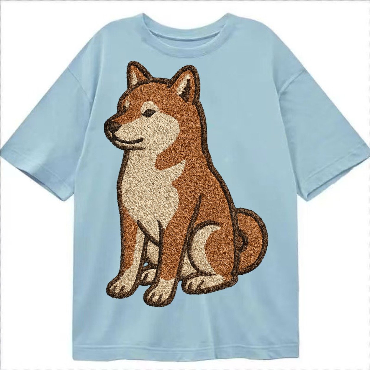Shiba Inu Red Sesame Embroidered Sitting Pose Classic T-shirt – Light Blue