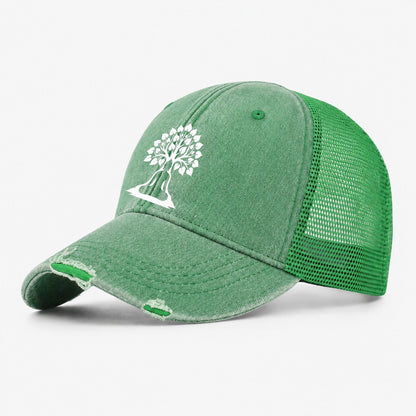 Buddha Silhouette Meditating Negative Space Forms Bodhi Tree Washed Trucker Hat – Ink Green