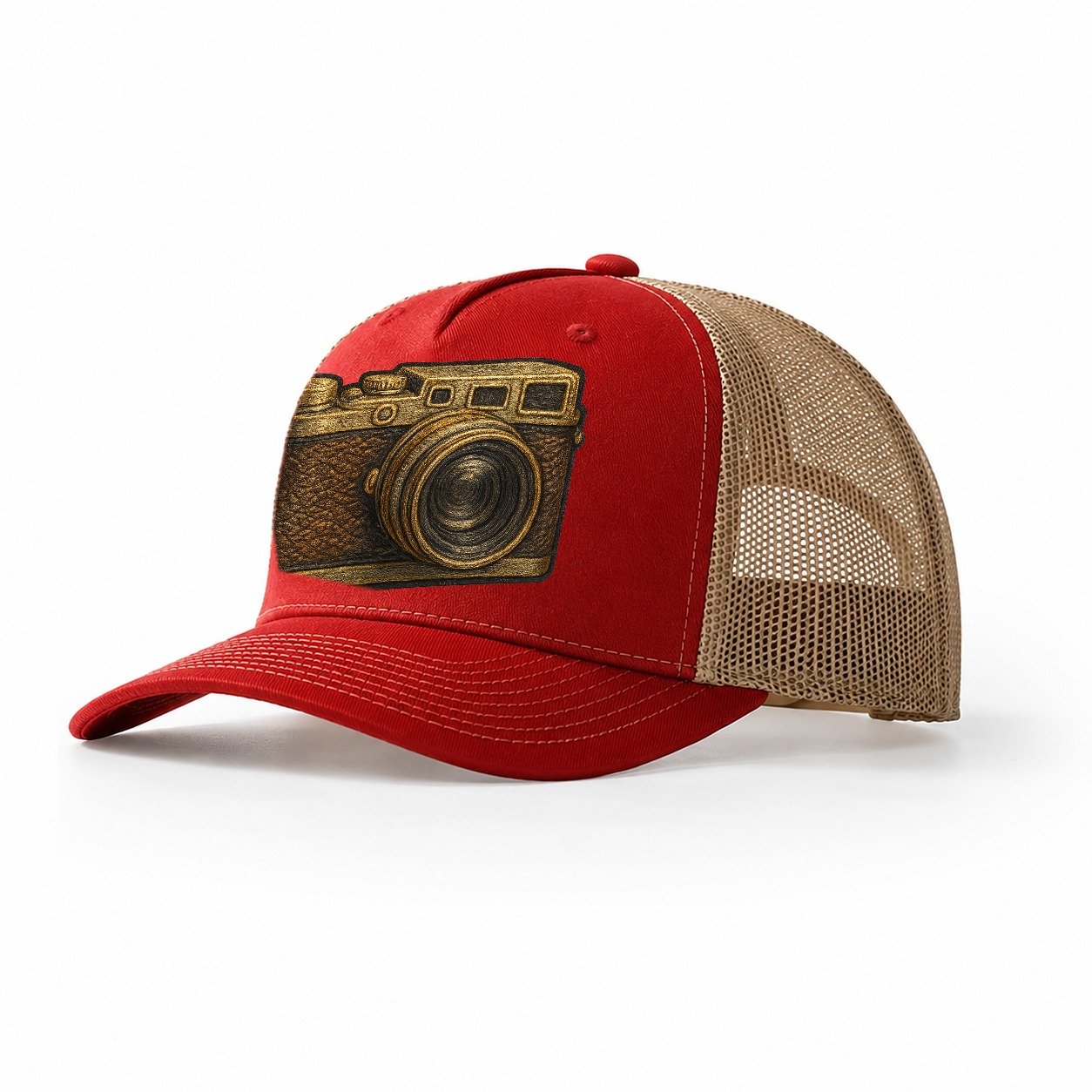 Film Camera Vintage 35mm Camera With Leather And Chrome Trucker Hat – Red-Khaki