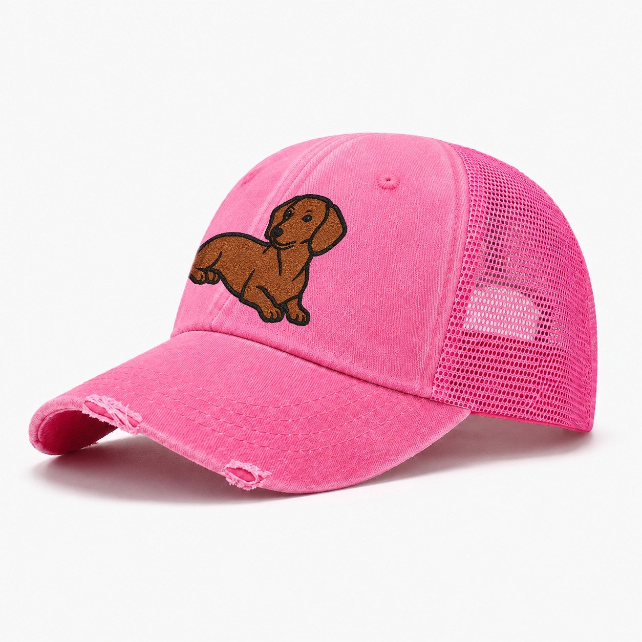 Dachshund Red Smooth Relaxed Lying Down With Head Up Embroid Washed Trucker Hat – Rose