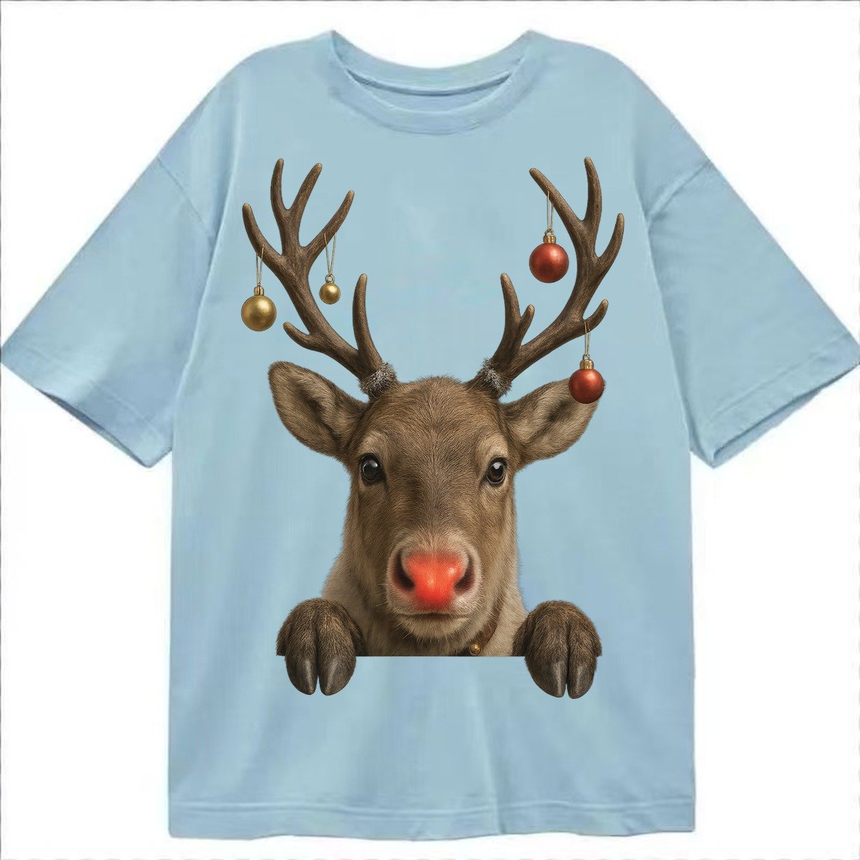 Christmas Reindeer Red Nose Glowing Antlers With Ornaments J Classic T-shirt – Light Blue