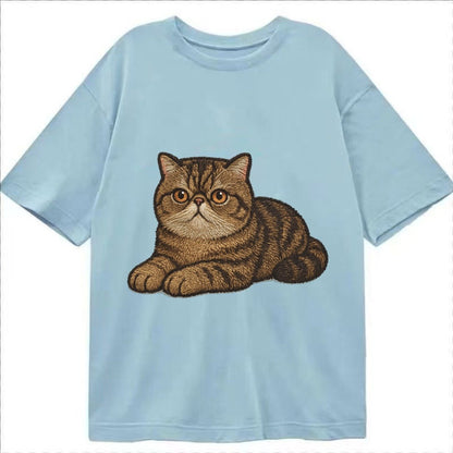 Exotic Shorthair Flat Face Plush Coat Relaxed Lying Down Wit Classic T-shirt – Light Blue